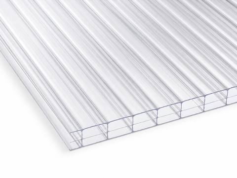 16mm clear polycarbonate sheet with multiwall construction shown in close-up on a white background.