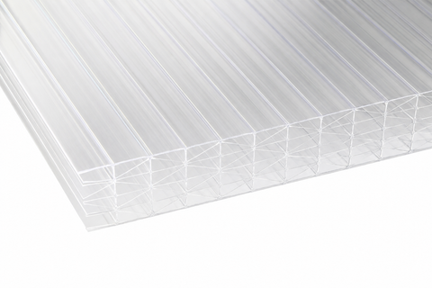 25mm clear polycarbonate sheet with 7-wall multiwall construction shown in close-up on a white background.