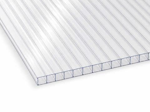 6mm clear polycarbonate sheet with twinwall construction shown in close-up on a white background.