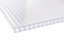 10mm clear polycarbonate sheet with twinwall construction shown in close-up on a white background.