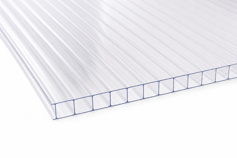 10mm clear polycarbonate sheet with twinwall construction shown in close-up on a white background.