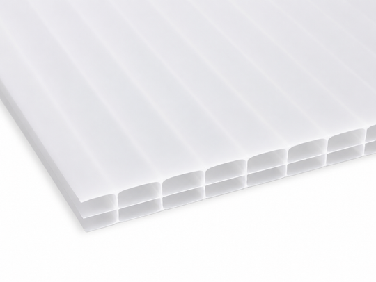 16mm opal polycarbonate sheet with multiwall construction shown in close-up on a white background.
