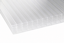 25mm clear polycarbonate sheet with 7-wall multiwall construction shown in close-up on a white background.