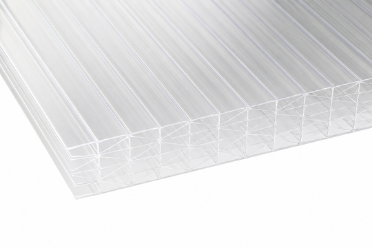25mm clear polycarbonate sheet with 7-wall multiwall construction shown in close-up on a white background.