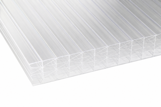 25mm clear polycarbonate sheet with 7-wall multiwall construction shown in close-up on a white background.