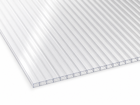 4mm clear polycarbonate sheet with twinwall construction shown in close-up on a white background.