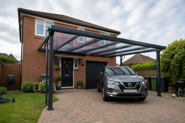 Anthracite grey PolycarbonateX carport with bronze 25mm multiwall polycarbonate sheets installed on a detached British family home.