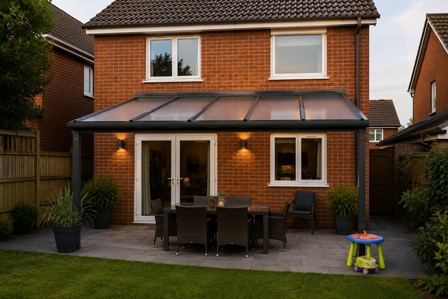 Anthracite grey PolycarbonateX lean-to roof with bronze 25mm multiwall polycarbonate sheets installed on a typical British family home.