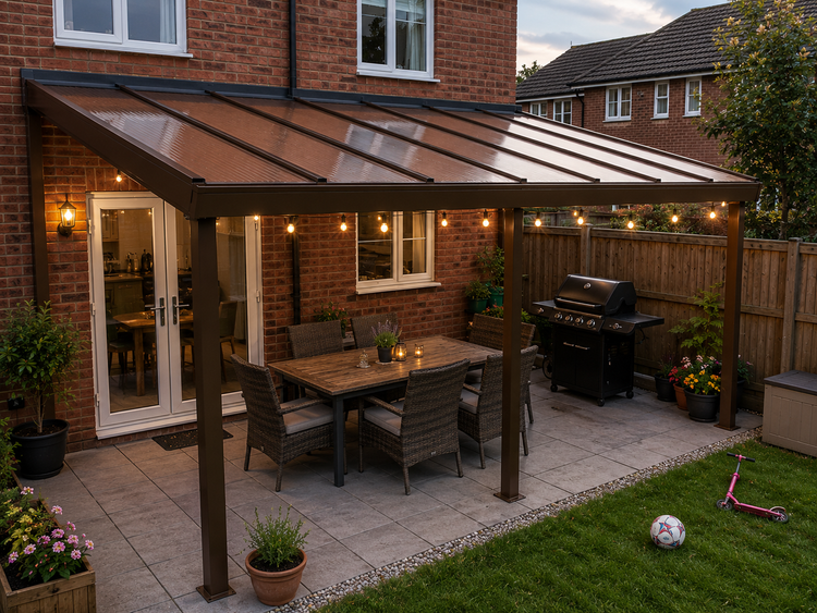 Lean-to roof with bronze multiwall polycarbonate sheets and brown PolycarbonateX glazing bars installed on a typical British family home.