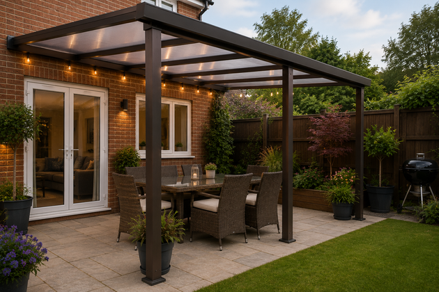 Brown PolycarbonateX patio roof with bronze 25mm multiwall polycarbonate sheets creating a covered outdoor seating area at a British family home.