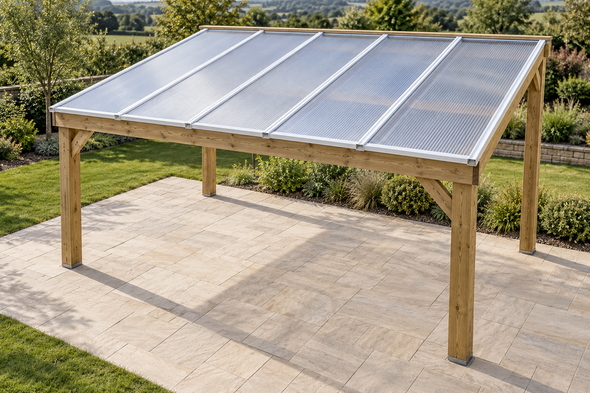 Freestanding roof with clear multiwall polycarbonate sheets