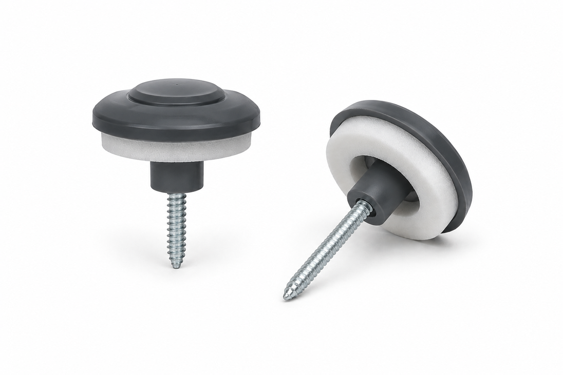 Anthracite grey polycarbonate sheet fixing buttons with screws and sealing washers for securing multiwall polycarbonate roofing sheets.