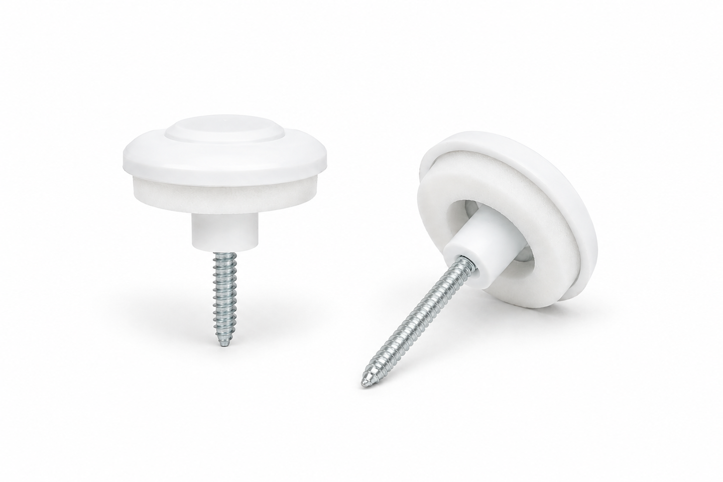 White polycarbonate sheet fixing buttons with screws and sealing washers for securing multiwall polycarbonate roofing sheets.