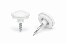 White polycarbonate sheet fixing buttons with screws and sealing washers for securing multiwall polycarbonate roofing sheets.