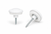 White polycarbonate sheet fixing buttons with screws and sealing washers for securing multiwall polycarbonate roofing sheets.